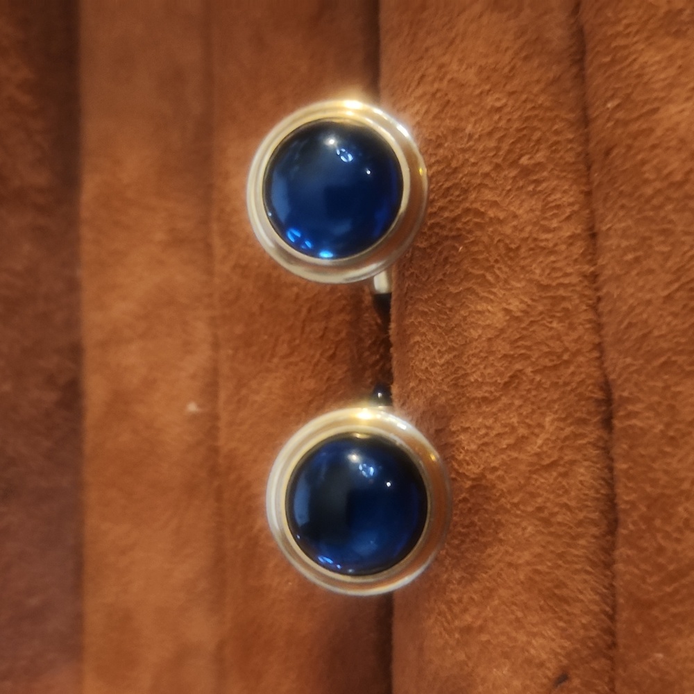 Correct 14K Goldplated Blue Round & Bullet Glass Cab Cufflinks, Signed